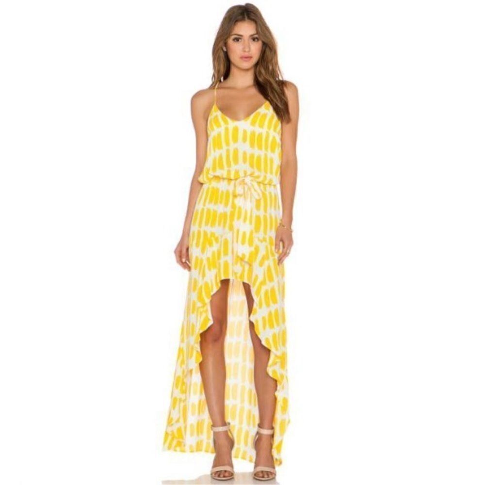 Karina Grimaldi Yellow Alma High Low Ruffle Deep V Neck Maxi Dress Sz M